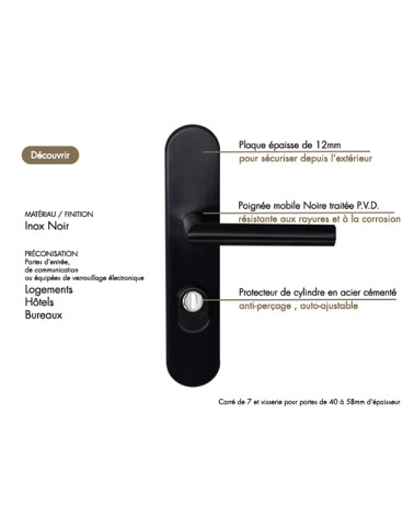 Palanca Altesse Negra sobre placa reforzada con protector de cilindro - Para asegurar las puertas