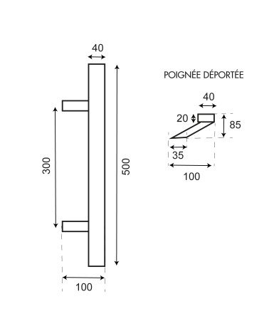 Dibujo tirador desplazado rectangular en T inox EUROWALE