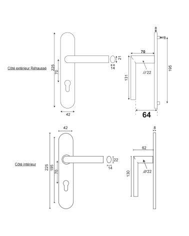 Dibujo Tirador de puerta Cérès elevada inox pl 70 EUROWALE