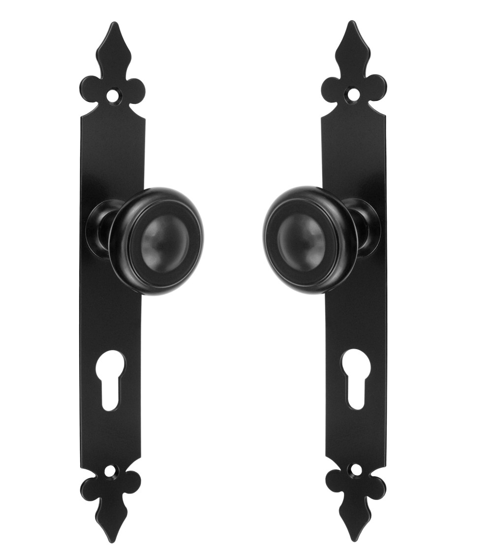 Tirador de puerta retro negro mate sobre placa larga para puerta, verja y portillo – Colección Elisabeth