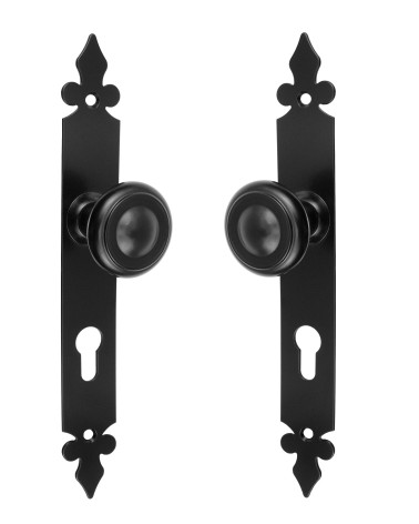 Tirador de puerta retro negro mate sobre placa larga para puerta, verja y portillo – Colección Elisabeth