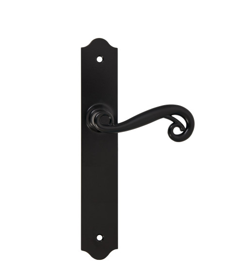 Tiradores de puerta retro negros mates sobre placas largas para puertas, verjas y portillos – Colección Charlotte
