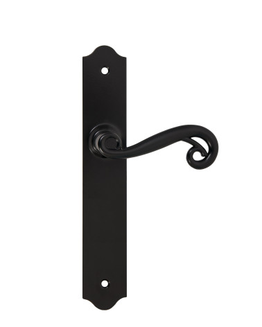 Tiradores de puerta retro negros mates sobre placas largas para puertas, verjas y portillos – Colección Charlotte