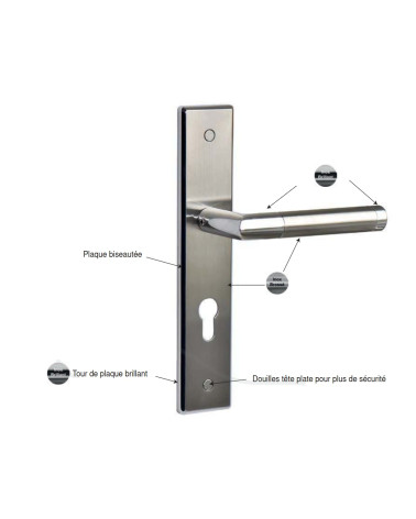 Tirador de puerta bicolor Listrac Prestige sobre placa grande para puerta de entrada