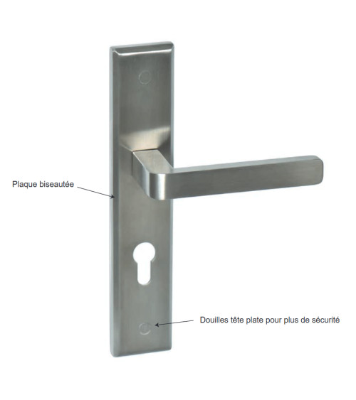 Tirador de puerta en acero inoxidable sobre placa larga modelo Soho Prestige con agujero de cilindro - millapoignees