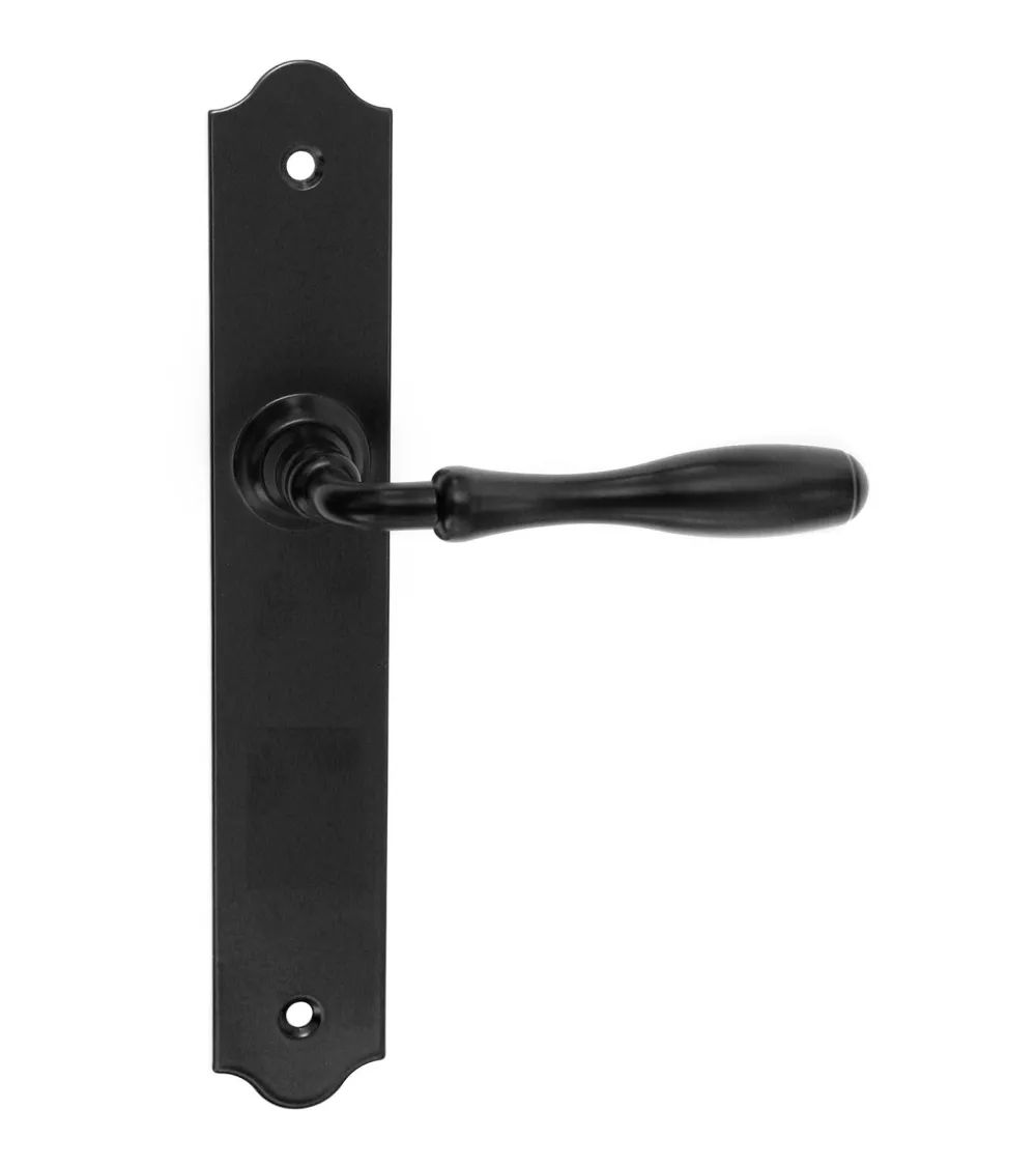 Manillas de puerta retro negras mates sobre placas largas para puertas, portales y puertas peatonales – Colección Joséphine