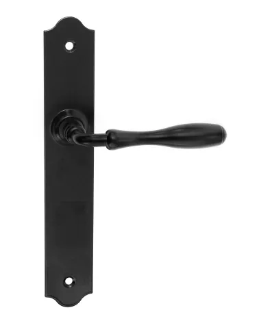 Manillas de puerta retro negras mates sobre placas largas para puertas, portales y puertas peatonales – Colección Joséphine