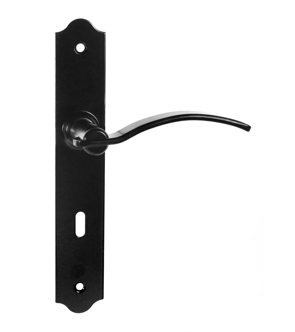 Tiradores de puerta retro negros mate sobre placas largas para puertas, portales y portillas – Colección Constance