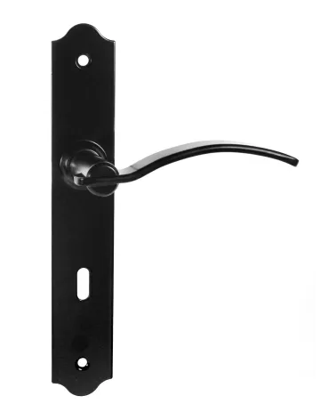 Tiradores de puerta retro negros mate sobre placas largas para puertas, portales y portillas – Colección Constance