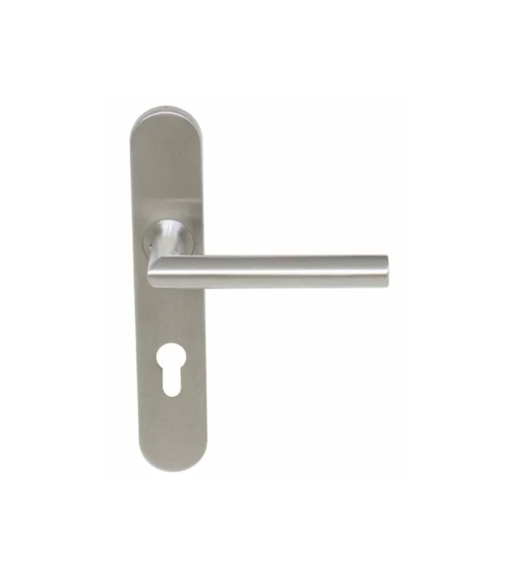 Manilla de puerta elegante sobre pequeña placa inox cepillado 165 Altesse - MillaManillas
