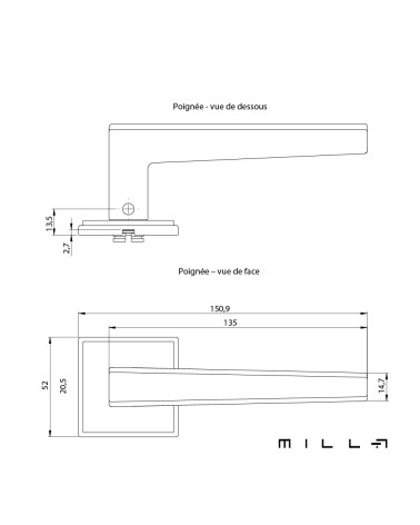 Tirador de puerta en zamak SYRINGA con dimensiones