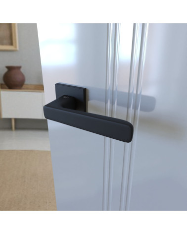 Manecilla de puerta negra PARMA diseño montada en una puerta abierta