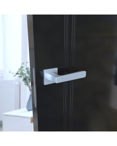 Manecilla de puerta cromo satinado PARMA diseño vista lateral sobre puerta oscura