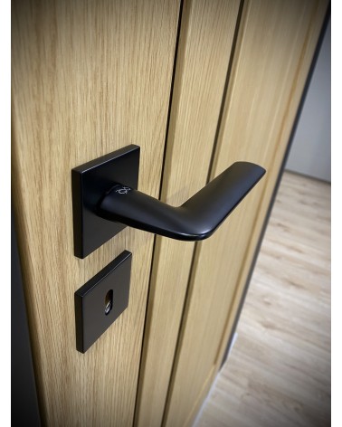 Tirador de puerta negra STINGER tirador de diseño vista superior inclinada montado en una puerta