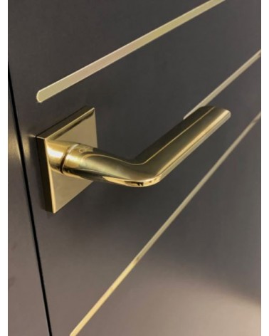 Manija de puerta dorada STINGER diseño vista superior inclinada montada en una puerta