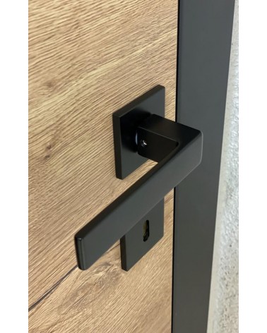 Manija de puerta negra Apollo diseño vista superior inclinada montada en una puerta