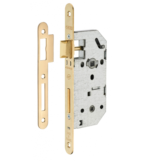 Cerradura de diseño embutida Thirard MONOMAX NF cabezal de acero latonado, eje 40mm, distancia entre ejes 70mm, para WC o baño -