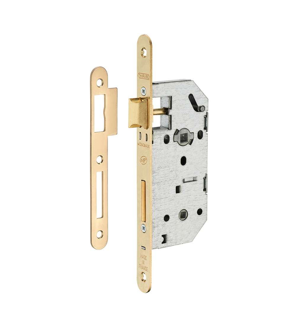 Cerradura de diseño embutida Thirard MONOMAX NF cabezal de acero latonado, eje 40mm, distancia entre ejes 70mm, para WC o baño -