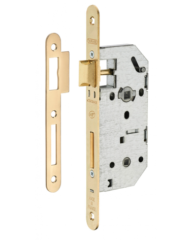 Cerradura de diseño embutida Thirard MONOMAX NF cabezal de acero latonado, eje 40mm, distancia entre ejes 70mm, para WC o baño -