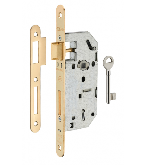 Cerradura de diseño embutida Thirard MONOMAX NF cabezal de acero latonado, eje 40mm, distancia entre ejes 70mm, para dormitorio 
