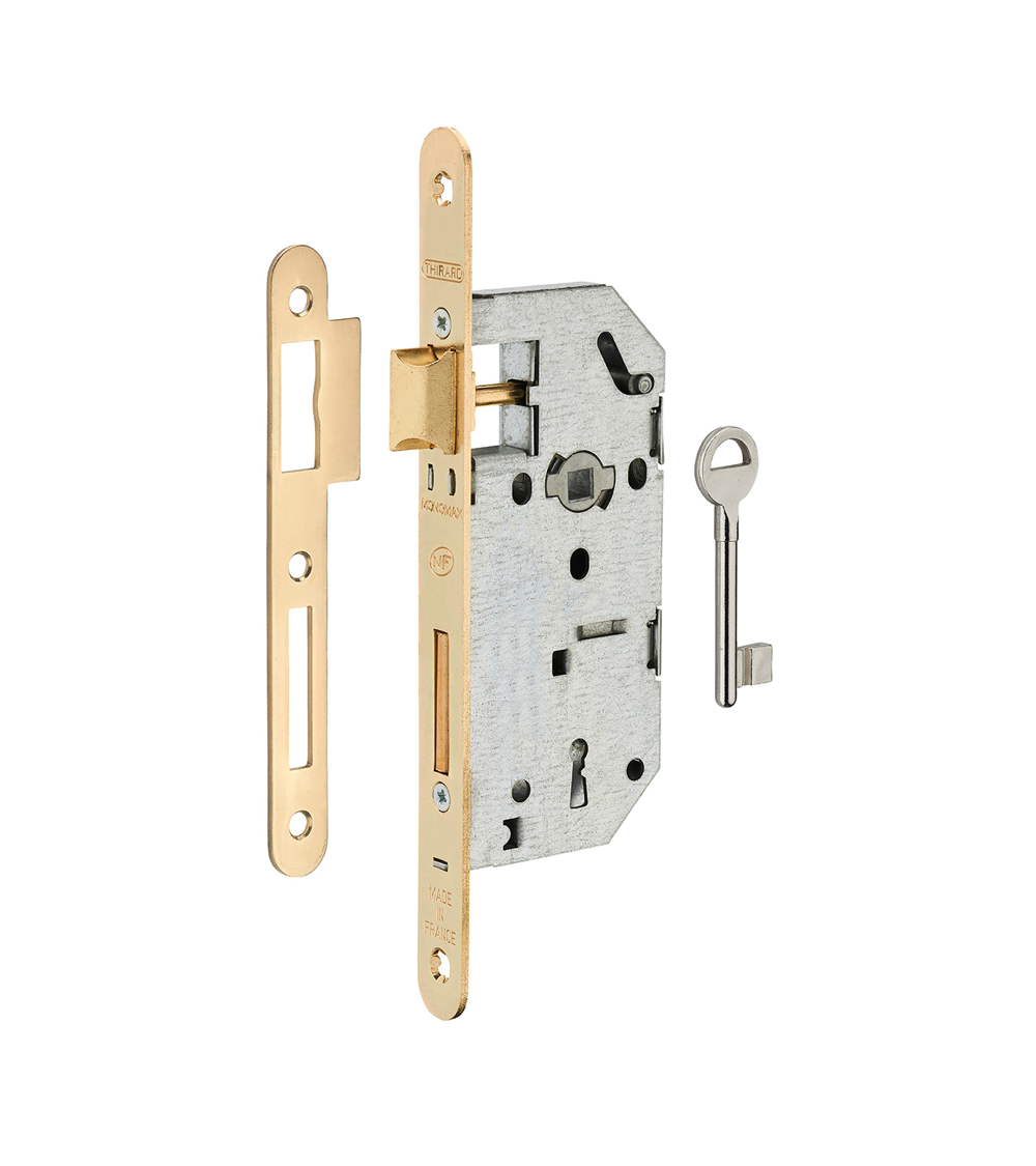 Cerradura de diseño embutida Thirard MONOMAX NF cabezal de acero latonado, eje 40mm, distancia entre ejes 70mm, para dormitorio 
