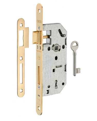 Cerradura de diseño embutida Thirard MONOMAX NF cabezal de acero latonado, eje 40mm, distancia entre ejes 70mm, para dormitorio 