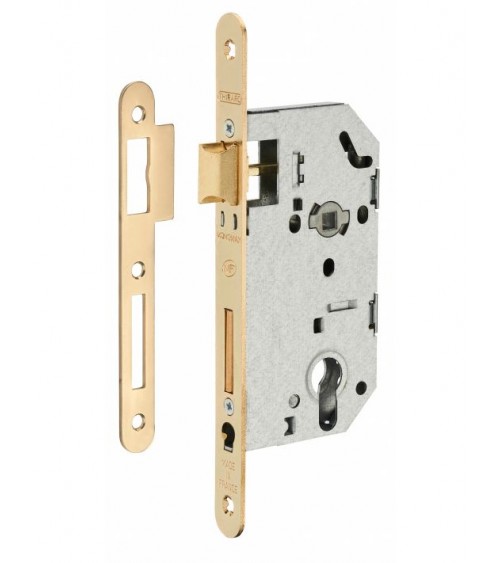 Cerradura embutida de diseño Thirard MONOMAX NF placa de tope de acero latonado, eje 50 mm, entreejes 70 mm, llave de bombín - t