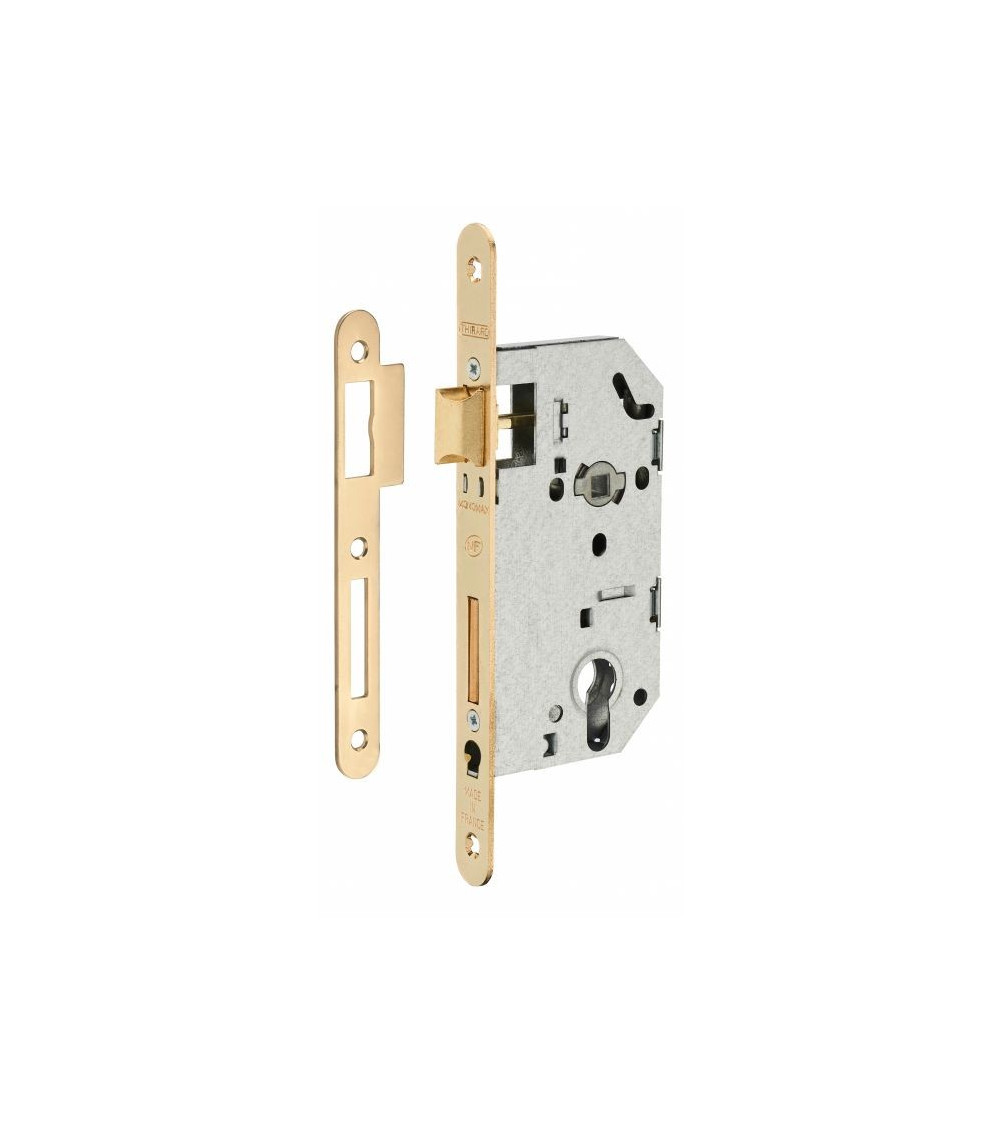 Cerradura embutida de diseño Thirard MONOMAX NF placa de tope de acero latonado, eje 50 mm, entreejes 70 mm, llave de bombín - t