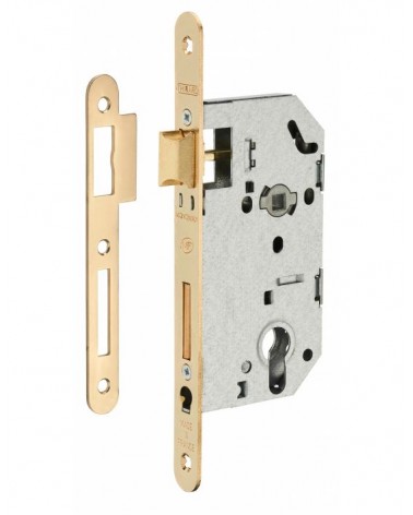 Cerradura embutida de diseño Thirard MONOMAX NF placa de tope de acero latonado, eje 50 mm, entreejes 70 mm, llave de bombín - t