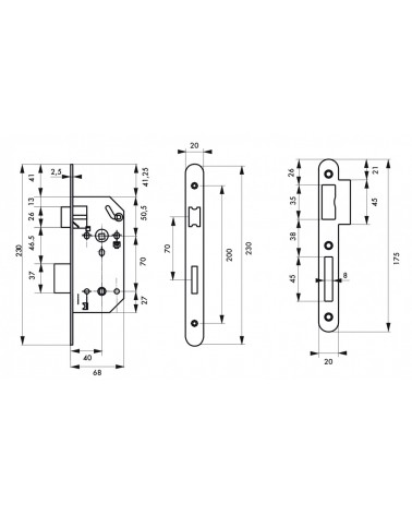 Cerradura de diseño embutida Thirard MONOMAX NF cabeza de acero latonado, eje 40mm, entreejes 70mm, para WC o cuarto de baño - t