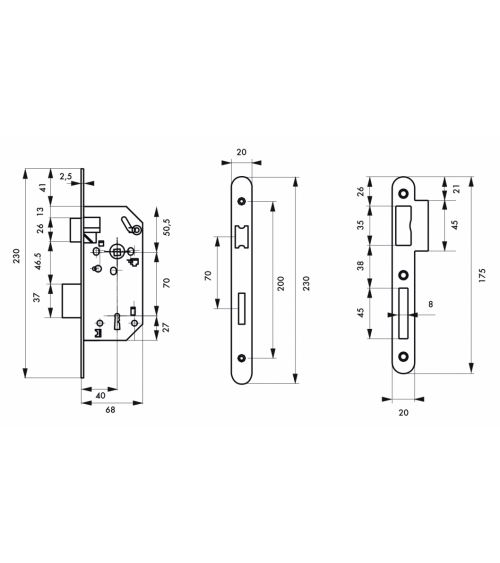 Cerradura de diseño embutida Thirard MONOMAX NF cabezal de acero latonado, eje 40mm, distancia entre ejes 70mm, para dormitorio 