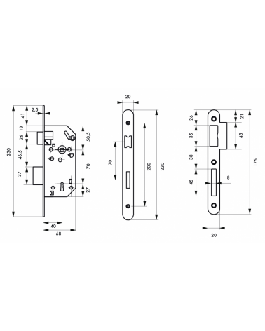 Cerradura de diseño embutida Thirard MONOMAX NF cabeza de acero latonado, eje 40mm, entreejes 70mm, para habitación - tirador de
