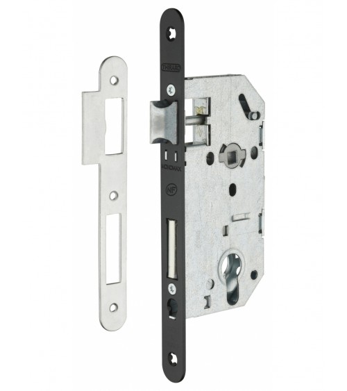 Cerradura de diseño empotrable Thirard MONOMAX NF placa de cierre en acero negro, eje 50mm, entre ejes 70mm, llave de bombín - d
