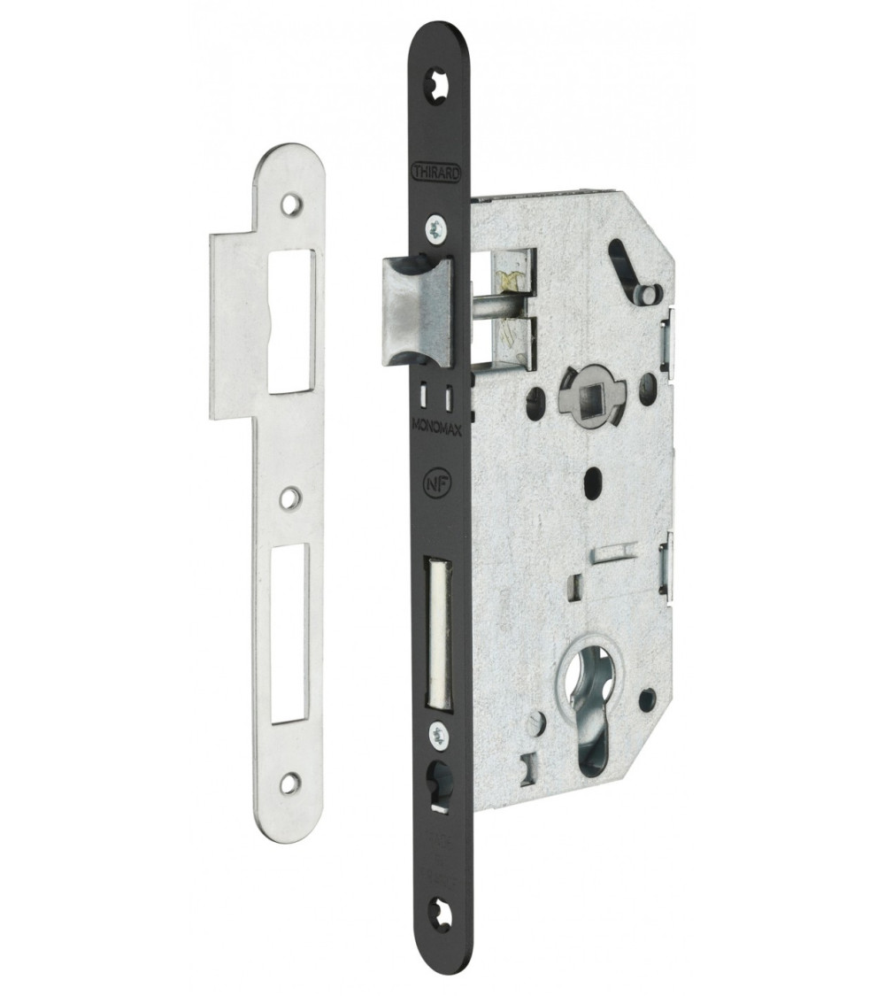 Cerradura de diseño empotrable Thirard MONOMAX NF placa de cierre en acero negro, eje 50mm, entre ejes 70mm, llave de bombín - d