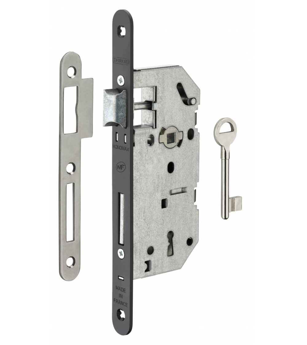 Cerradura de diseño empotrable Thirard MONOMAX NF placa de cierre en acero negro, eje 40mm, entre ejes 70mm, para habitación - d