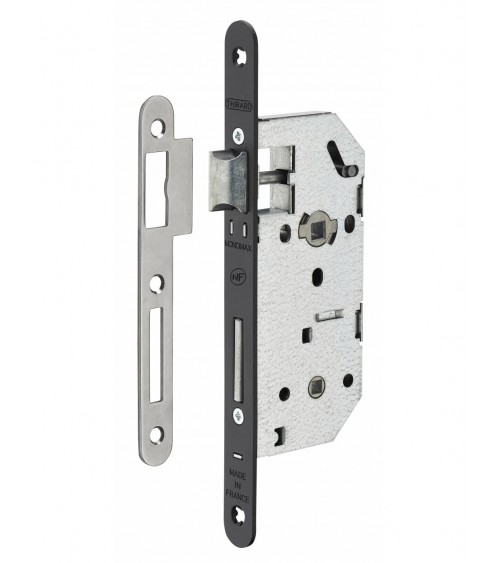 Cerradura de diseño empotrable Thirard MONOMAX NF placa de cierre en acero negro, eje 40mm, entre ejes 70mm, para WC o baño - di