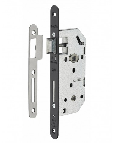 Cerradura de diseño empotrable Thirard MONOMAX NF placa de cierre en acero negro, eje 40mm, entre ejes 70mm, para WC o baño - di