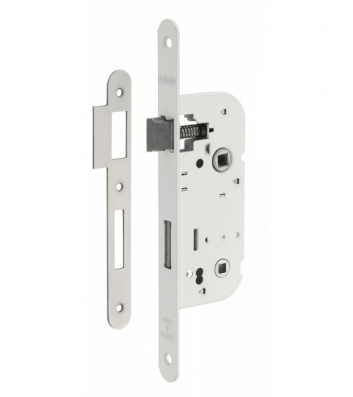 Cerradura blanca empotrable Thirard NF placa de cierre en acero blanco, eje 40mm, entre ejes 70mm, para WC o baño - diseño