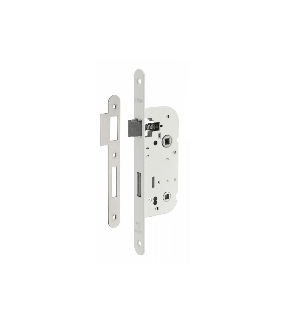 Cerradura blanca empotrable Thirard NF placa de cierre en acero blanco, eje 40mm, entre ejes 70mm, para WC o baño - diseño