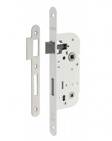 Cerradura blanca empotrable Thirard NF placa de cierre en acero blanco, eje 40mm, entre ejes 70mm, para WC o baño - diseño
