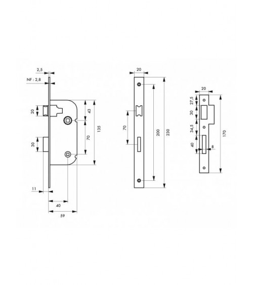 Cerradura blanca empotrable Thirard NF placa de cierre en acero blanco, eje 40mm, entre ejes 70mm, para WC o baño - diseño