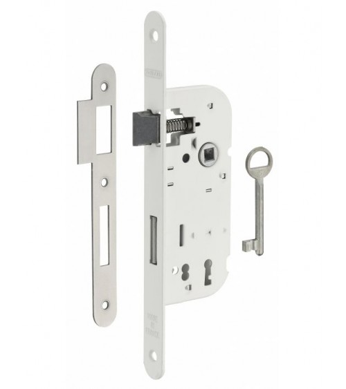 Cerradura blanca empotrable Thirard NF placa de cierre en acero blanco, eje 40mm, entre ejes 70mm, para habitación - diseño