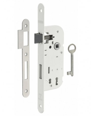 Cerradura blanca empotrable Thirard NF placa de cierre en acero blanco, eje 40mm, entre ejes 70mm, para habitación - diseño
