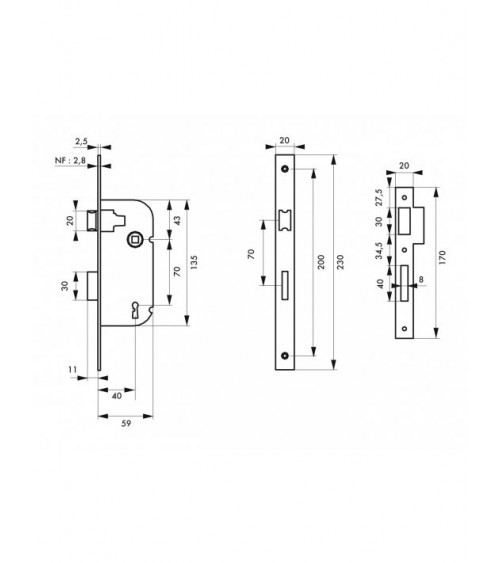 Cerradura blanca empotrable Thirard NF placa de cierre en acero blanco, eje 40mm, entre ejes 70mm, para habitación - diseño