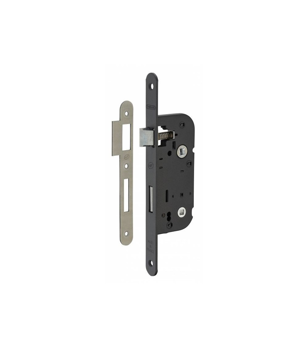 Cerradura empotrable negra Thirard NF placa de cierre en acero negro, eje 40mm, entre ejes 70mm, para WC o baño - diseño