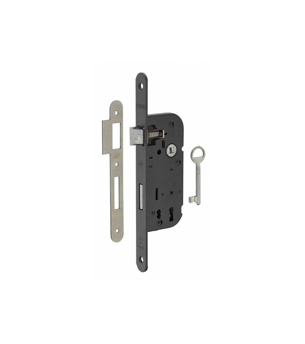 Cerradura empotrable negra Thirard NF placa de cierre en acero negro, eje 40mm, entre ejes 70mm, para habitación - diseño