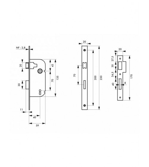 Cerradura empotrable negra Thirard NF placa de cierre en acero negro, eje 40mm, entre ejes 70mm, para habitación - diseño