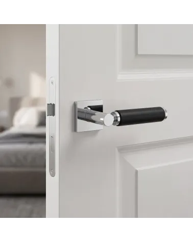Tirador de puerta premium cromo pulido y cuero negro TUPAI 4200/202 cuadrado - MillaManillas