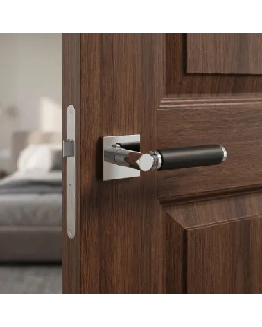 Tirador de puerta premium cromo pulido y cuero negro TUPAI 4200/202 cuadrado - MillaManillas