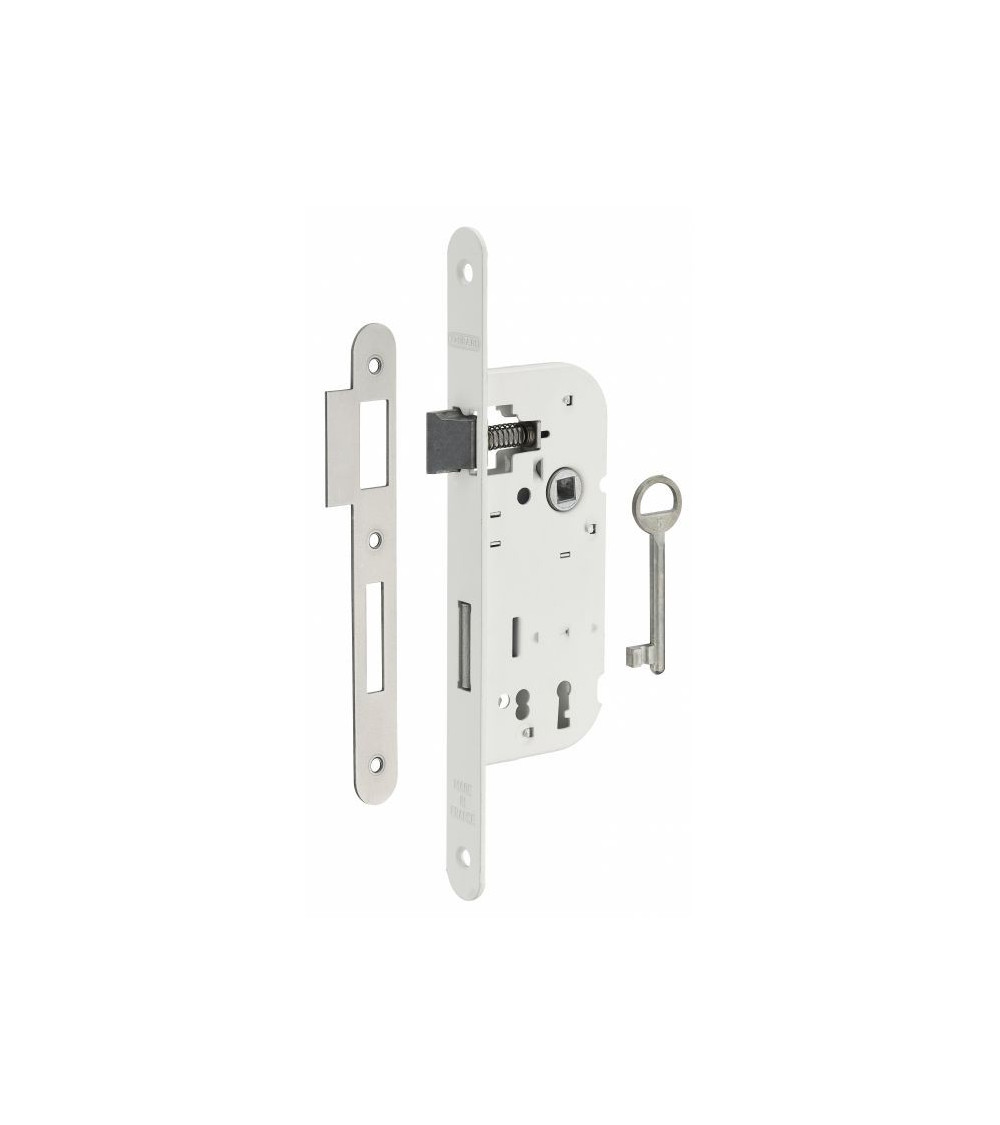 Cerradura blanca empotrada Thirard NF placa de acero blanco, eje 50mm, entreje 70mm, para habitación - tirador de diseño